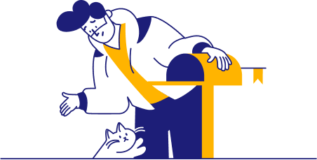 Job seeker and cat look for job notifications in empty yellow mailbox