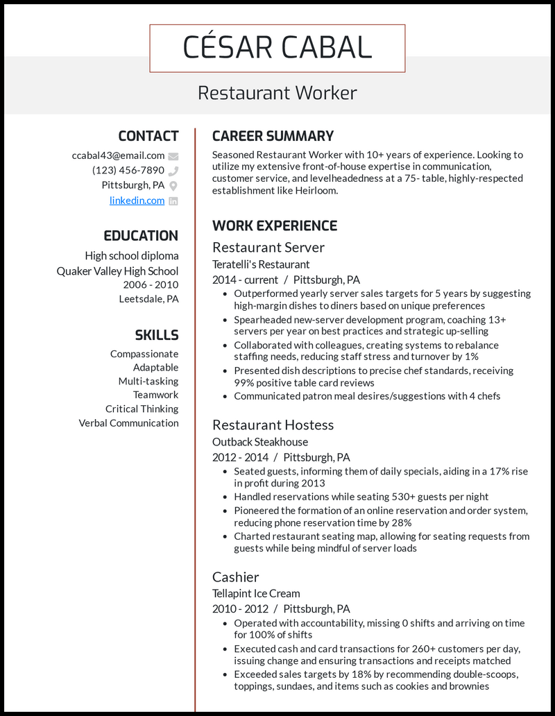 7 Restaurant Resume Examples That Worked in 2023