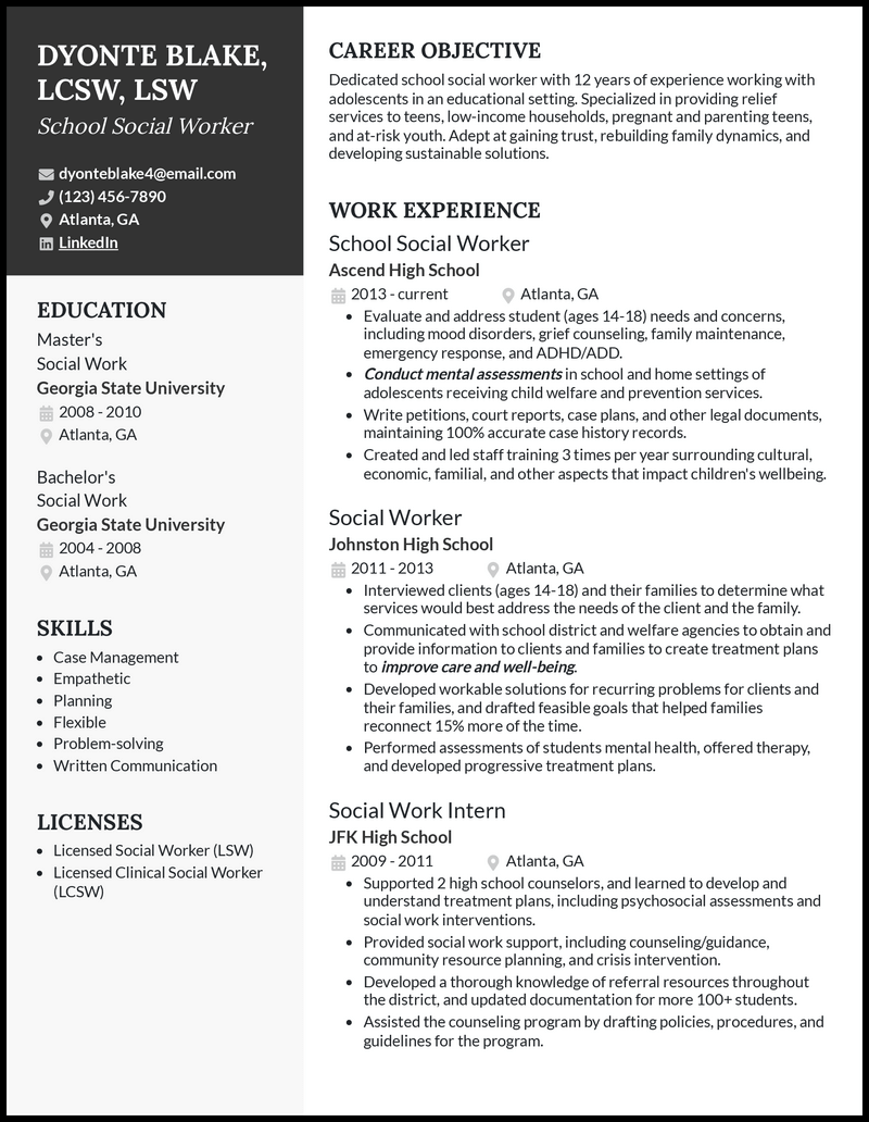 3 School Social Worker Resume Examples for 2024