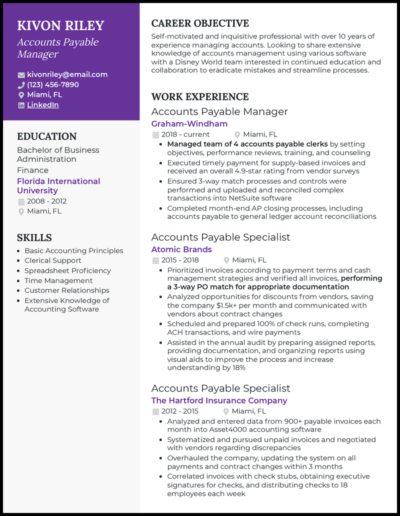 3 Accounts Payable Manager Resume Examples & Templates [Edit Free]