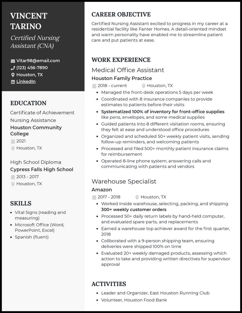 sample resume for nursing aide without experience