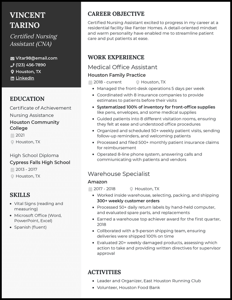 Resume Description For Cna