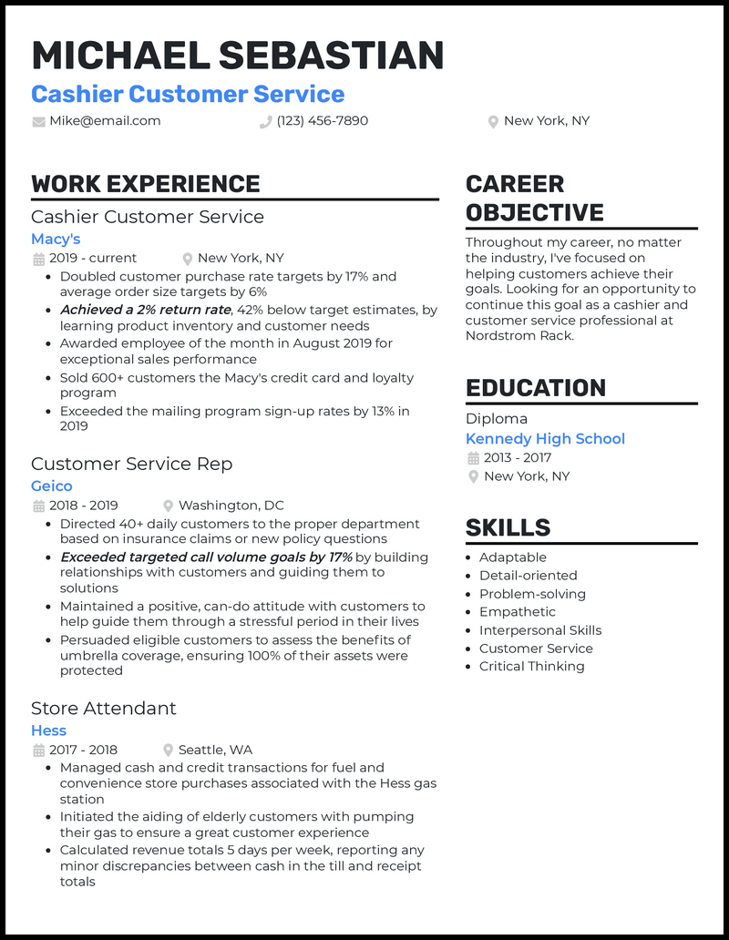 3 Cashier Customer Service Resume Examples & Free Templates