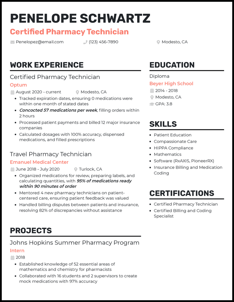 Certified Pharmacy Technician Standout Resume Example 