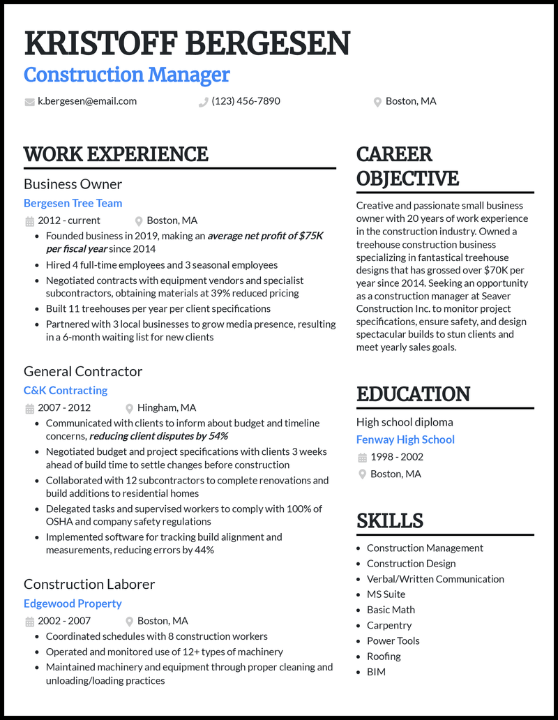 3 Construction Business Owner Resume Examples for 2024