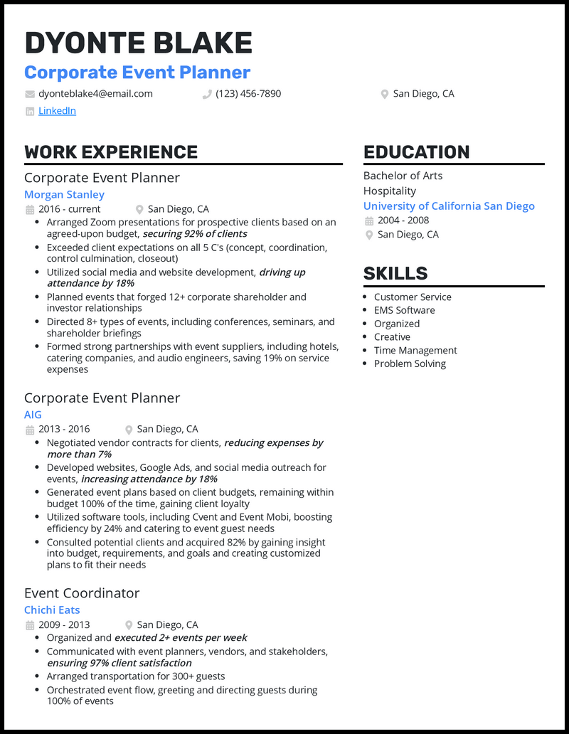 3 Corporate Event Planner Resume Examples for 2023