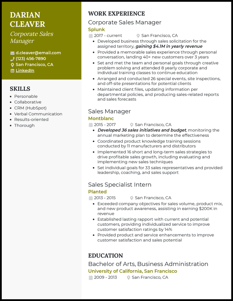 3 Corporate Sales Manager Resume Examples for 2023