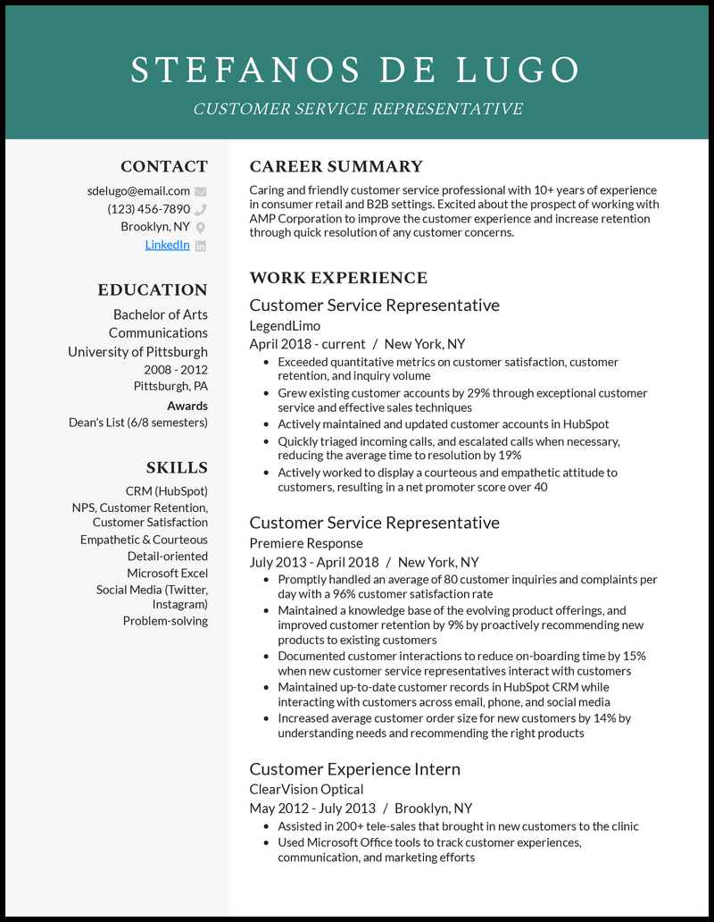 resume summary examples for customer service