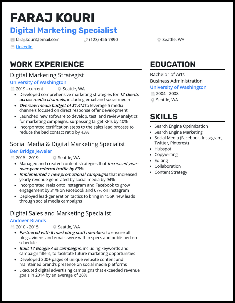 3 Digital Marketing Specialist Resume Examples for 2023
