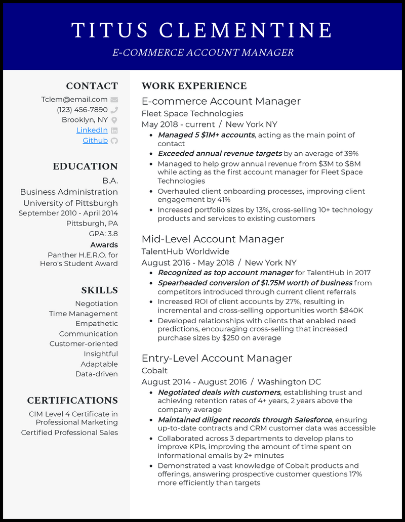 3 E-Commerce Account Manager Resume Examples & Templates [Edit Free]