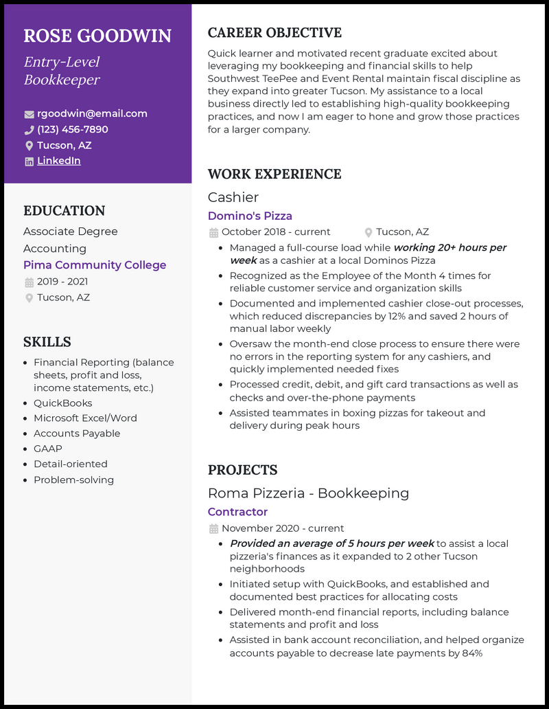 3 Entry-Level Bookkeeper Resume Examples for 2024