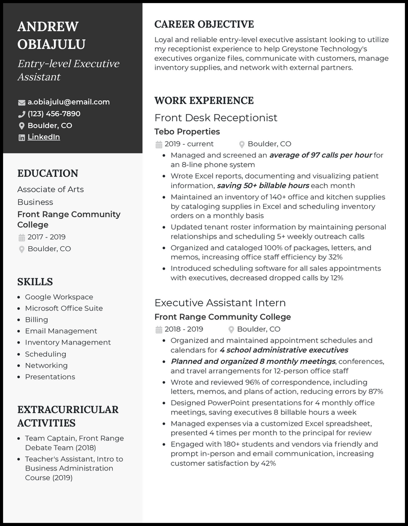 3 Entry-Level Executive Assistant Resume Examples
