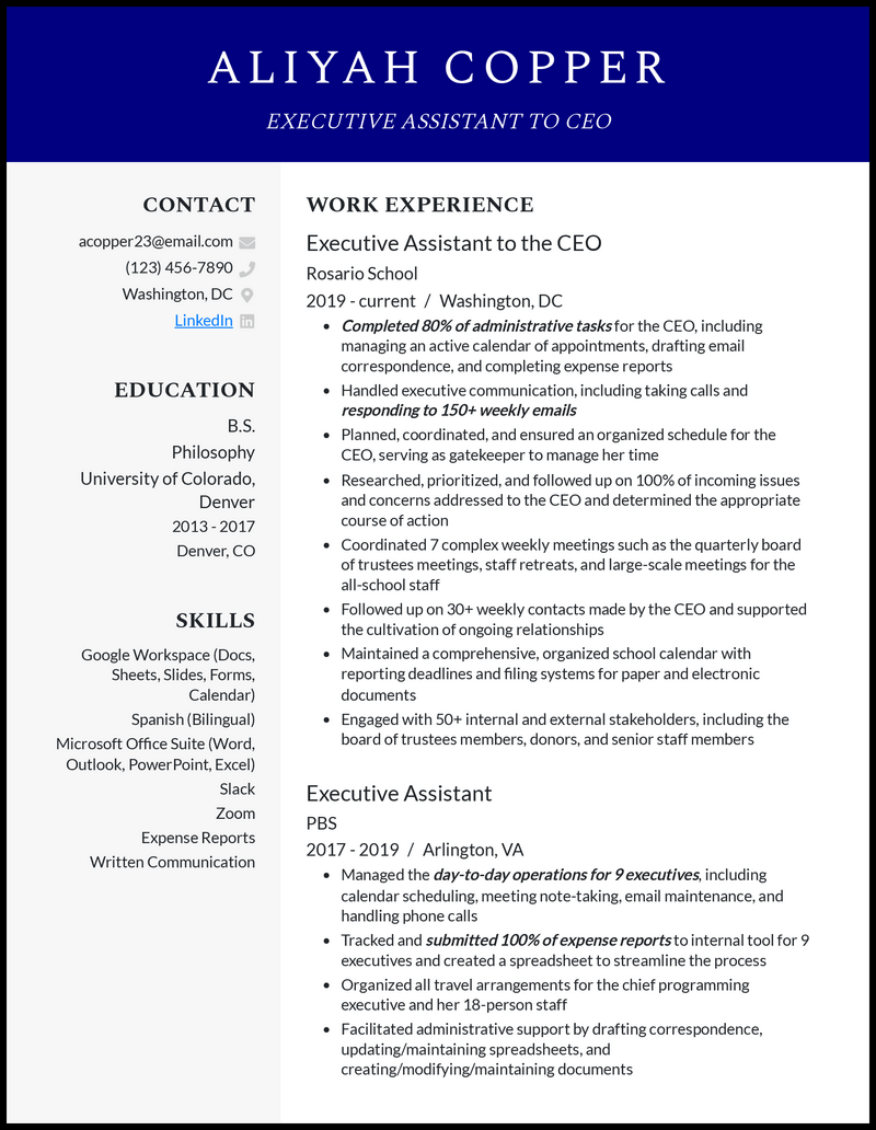 3 Executive Assistant to CEO Resume Examples for 2024
