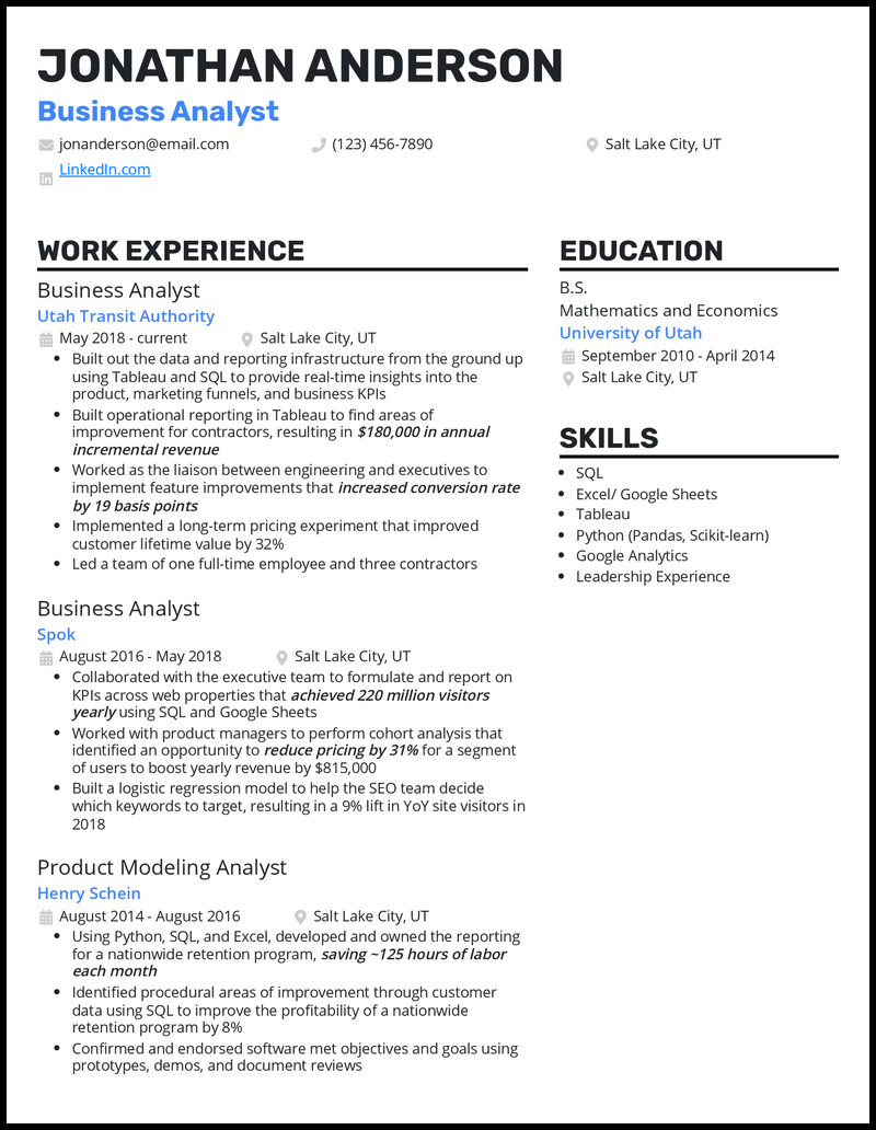 3 Experienced Business Analyst Resume Examples for 2024