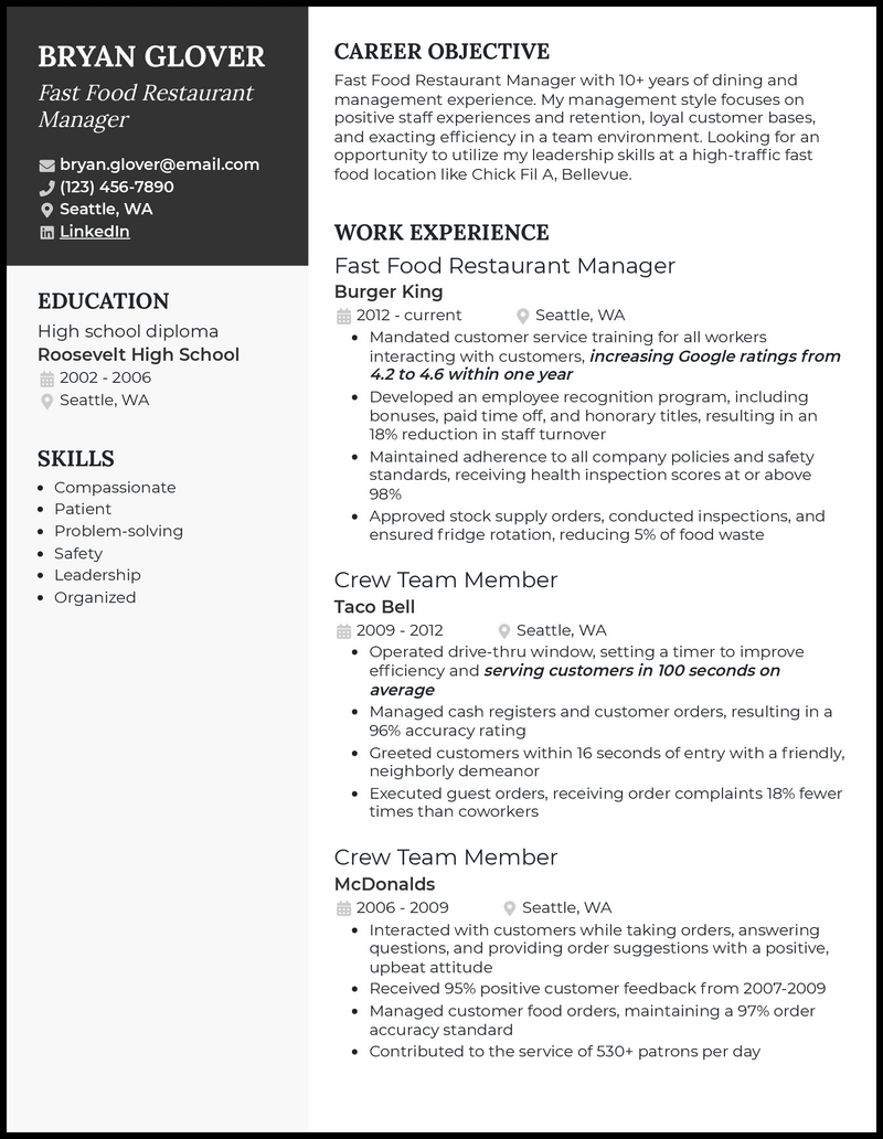 5 Fast Food Restaurant Manager Resume Examples for 2024
