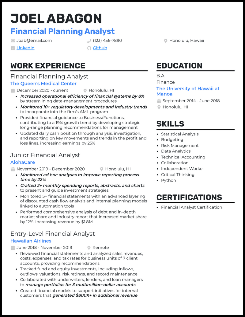3 Financial Planning Analyst Resume Examples for 2024