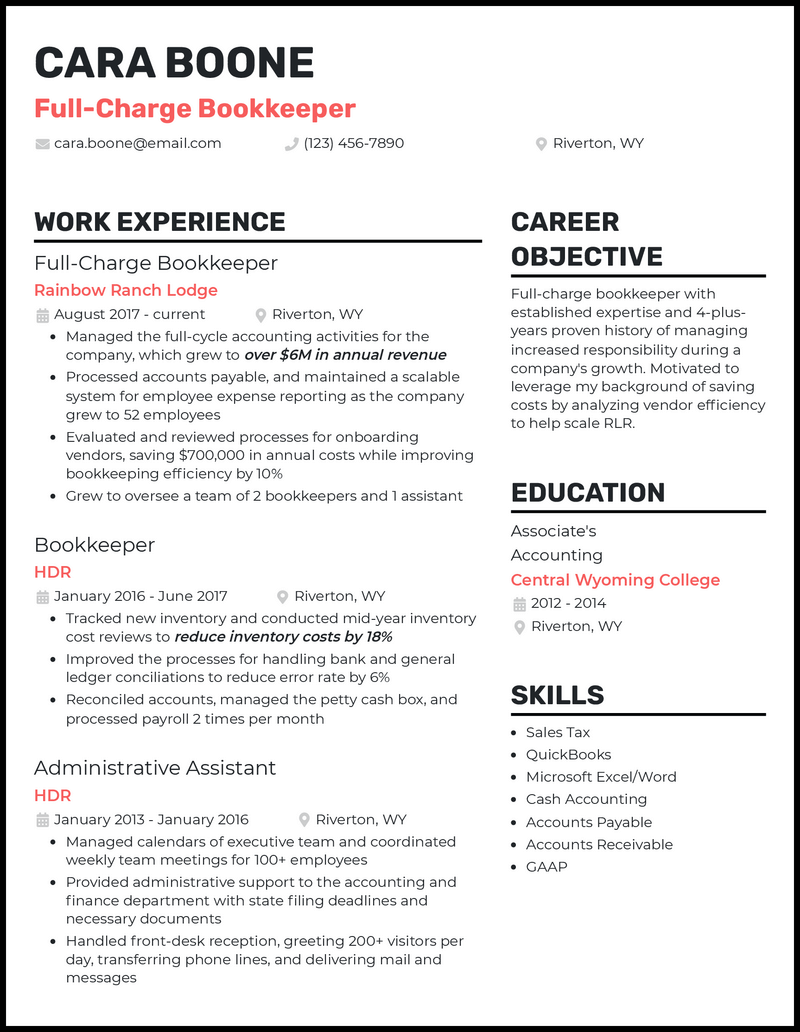 3 Full Charge Bookkeeper Resume Examples for 2024