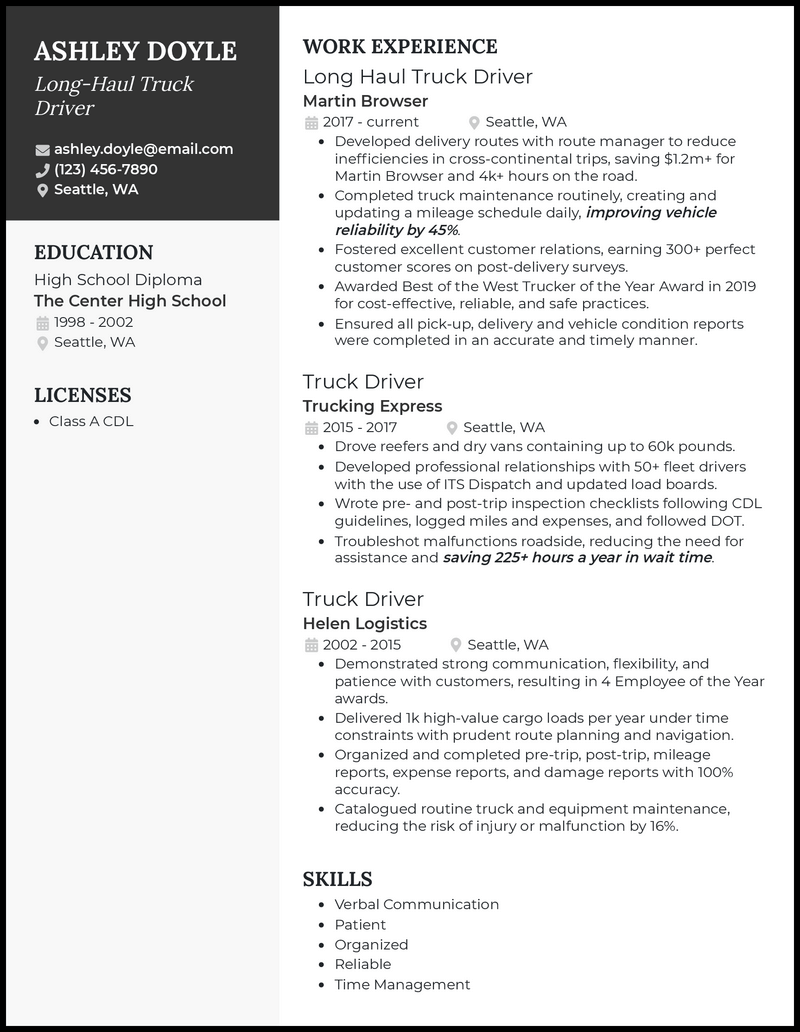 3 Long-Haul Truck Driver Resume Examples Made for 2024