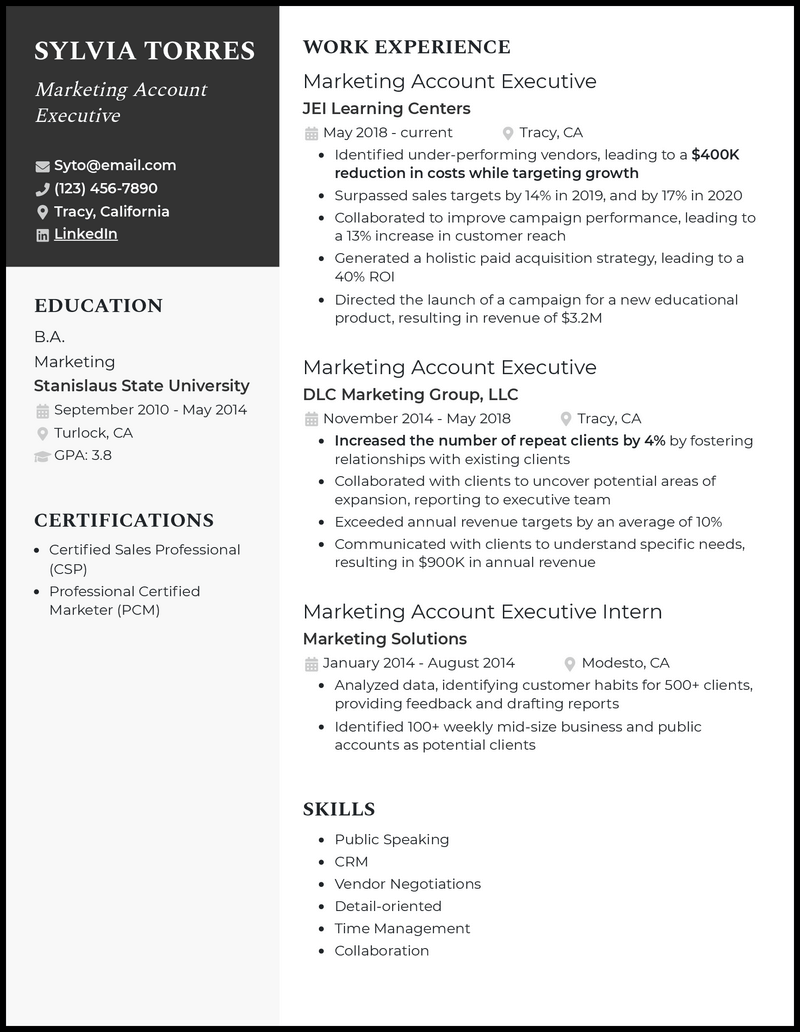 3 Marketing Account Executive Resume Examples for 2024