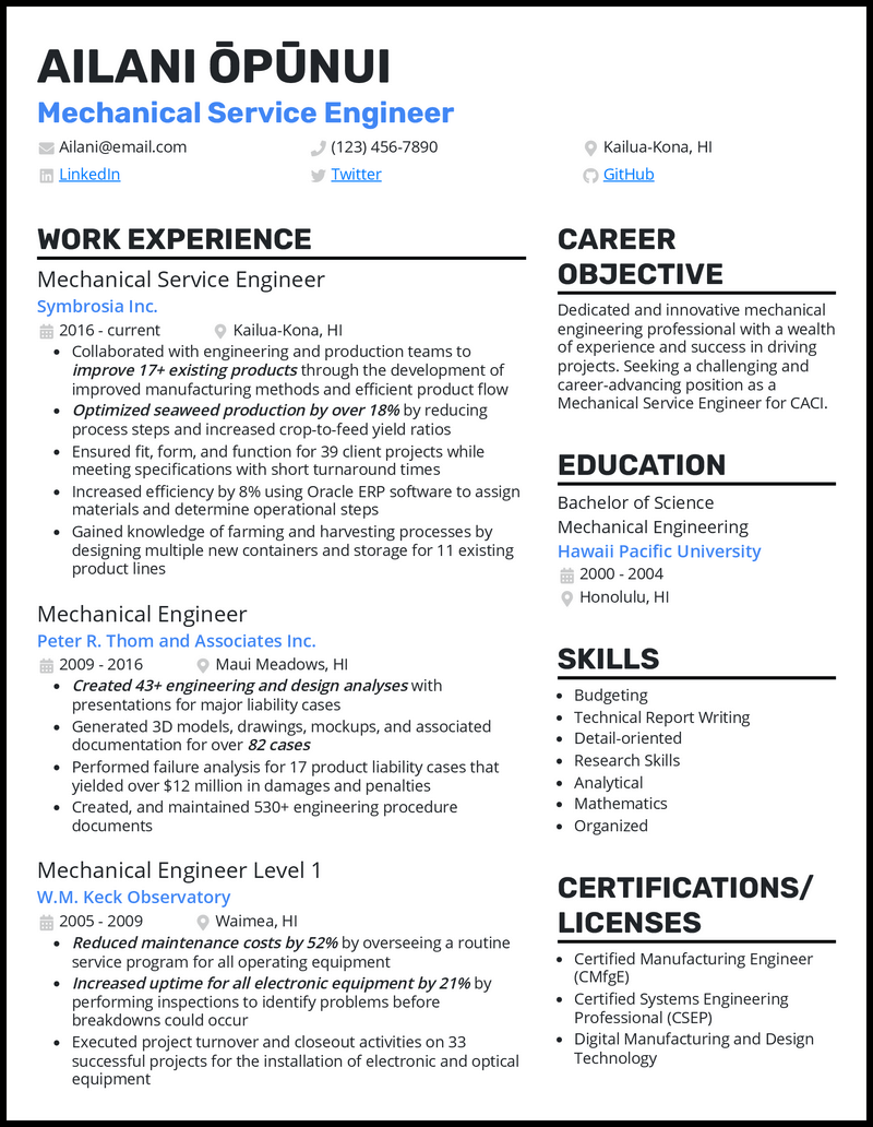 3 Mechanical Service Engineer Resume Examples for 2023