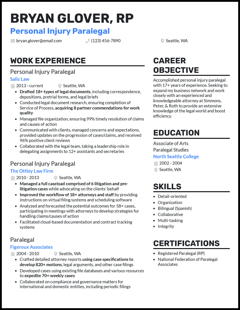 5 Personal Injury Paralegal Resume Examples For 2024   Personal Injury Paralegal Standout Resume Example 