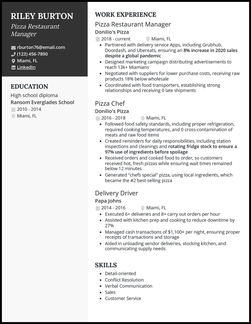 3 Pizza Restaurant Manager Resume Examples Made in 2024