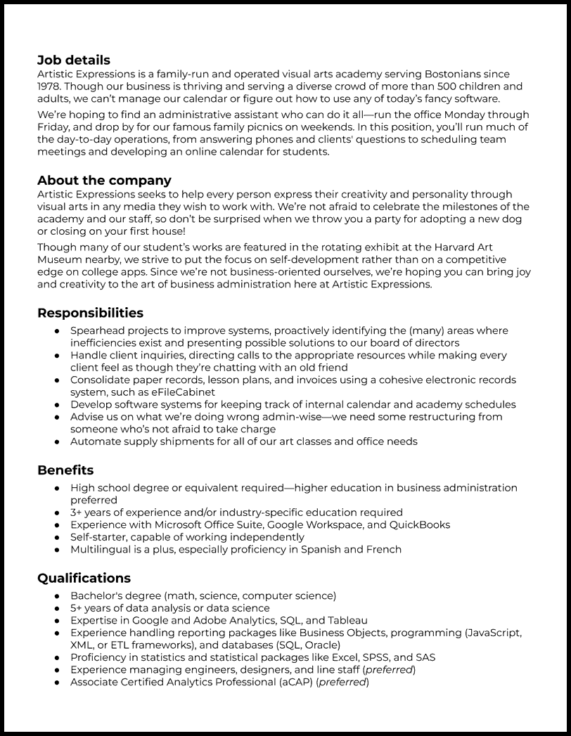 resume administrative assistant job description