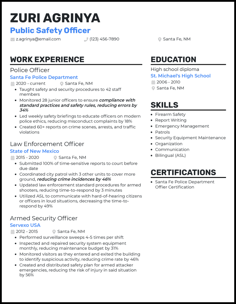 3 Public Safety Officer Resume Examples Built for 2024