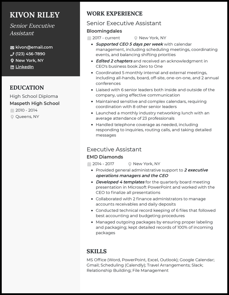 3 Senior Executive Assistant Resume Examples for 2024