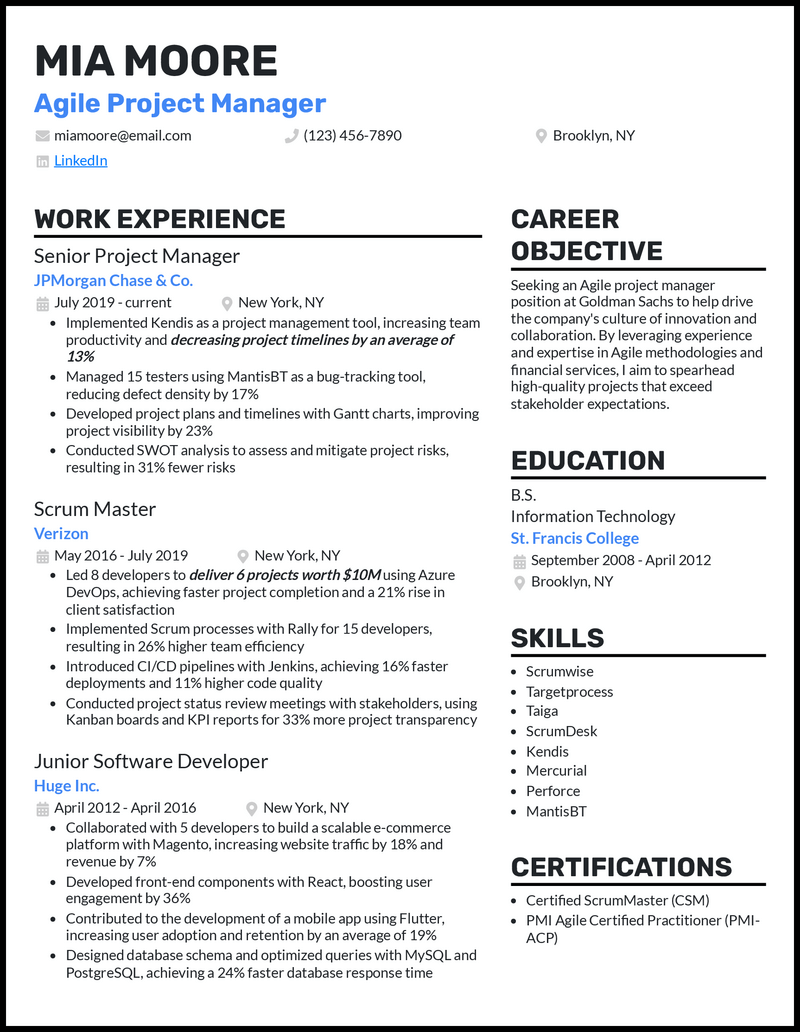 3 Agile Project Manager Resume Examples Built for 2023