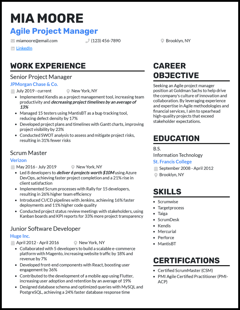 5 Agile Project Manager Resume Examples Built for 2024