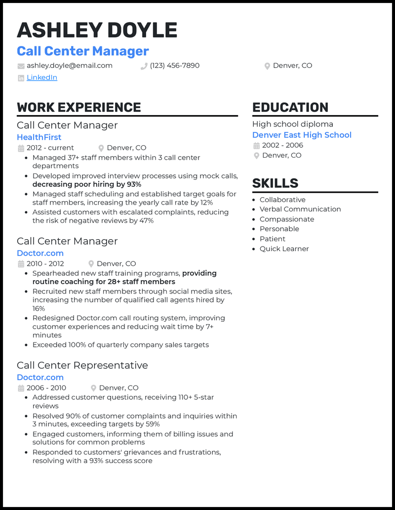 3 Call Center Manager Resume Examples That Work in 2024