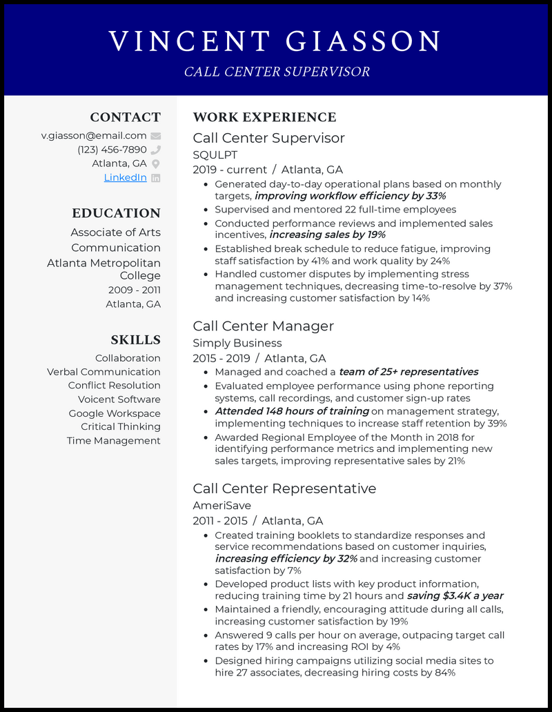 Call center supervisor resume example with 4+ years experience