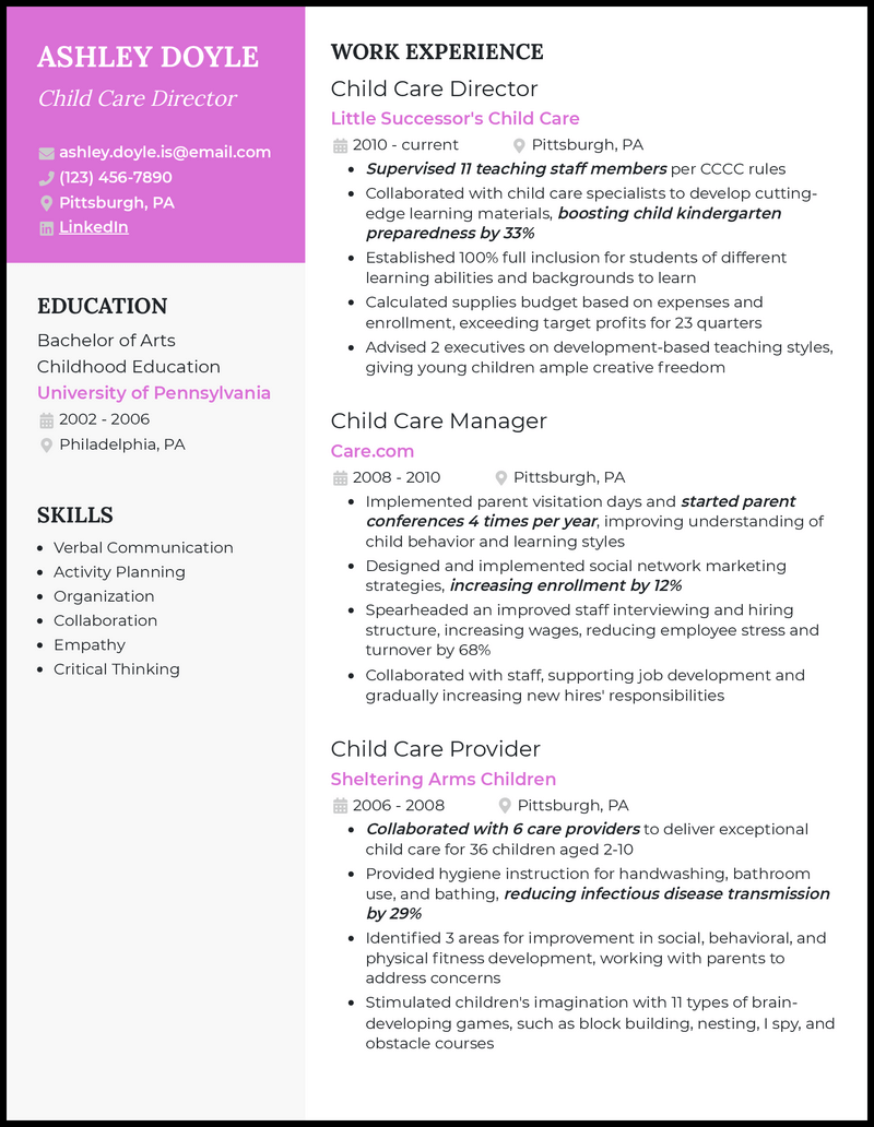 3 Child Care Director Resume Examples That Work in 2024