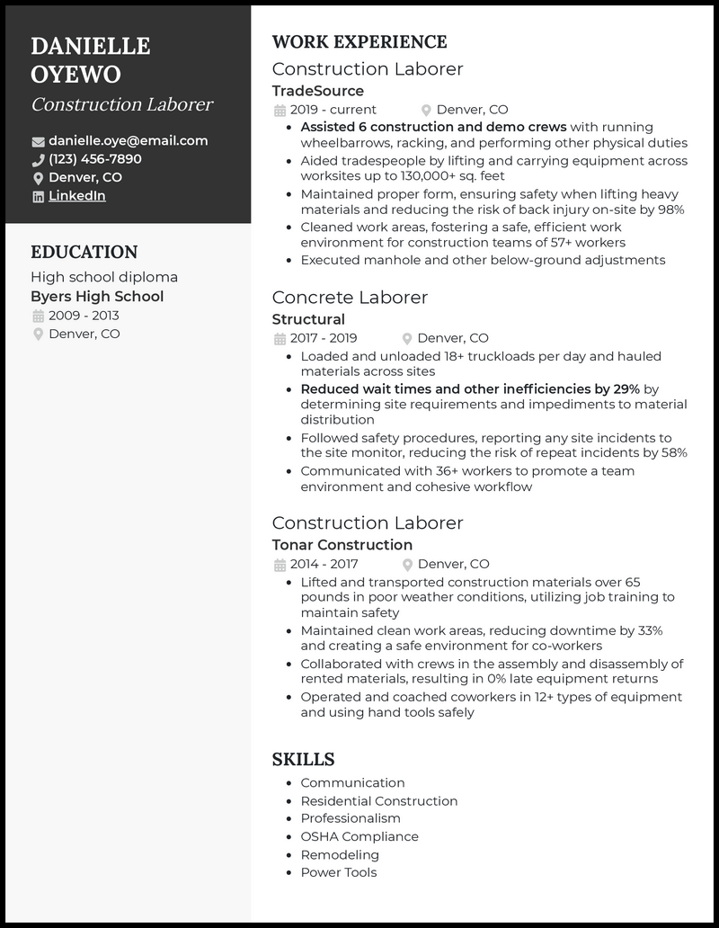3 Construction Laborer Resume Examples Working for 2023