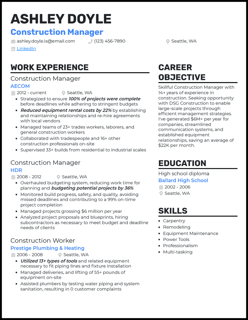 3 Construction Manager Resume Examples Built for 2024