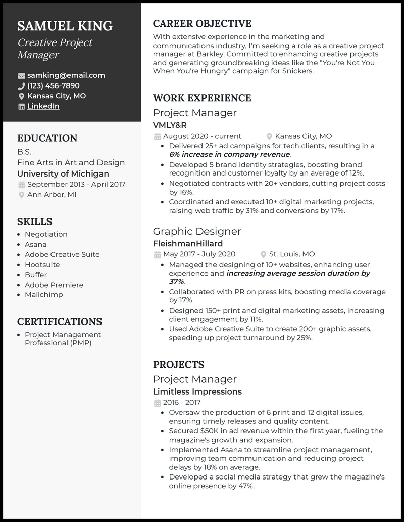 3 Creative Project Manager Resume Examples for 2023