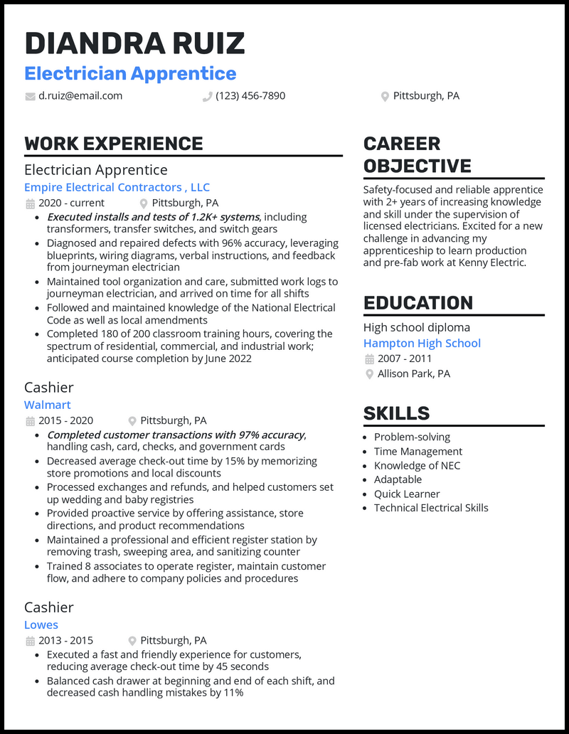 5 Electrical Apprentice Resume Examples Created in 2024