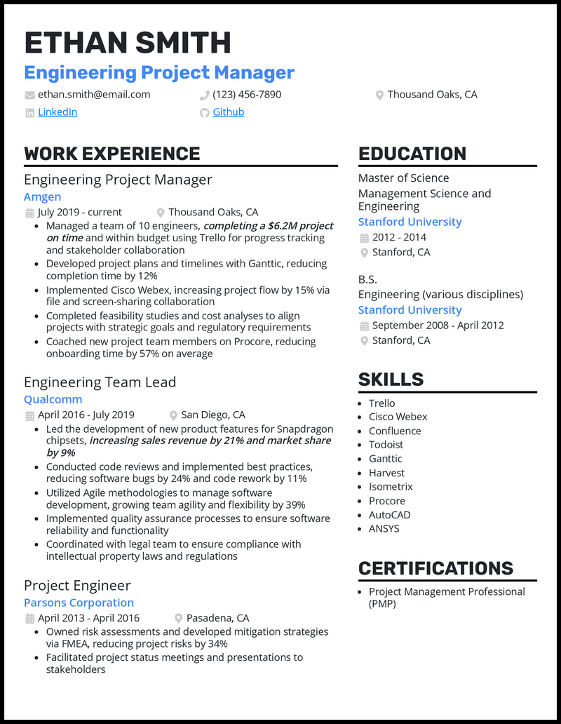 3 Engineering Project Manager Resume Examples for 2024