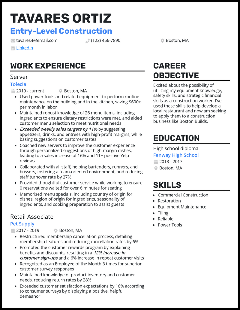 3 Entry-Level Construction Resume Examples for 2024