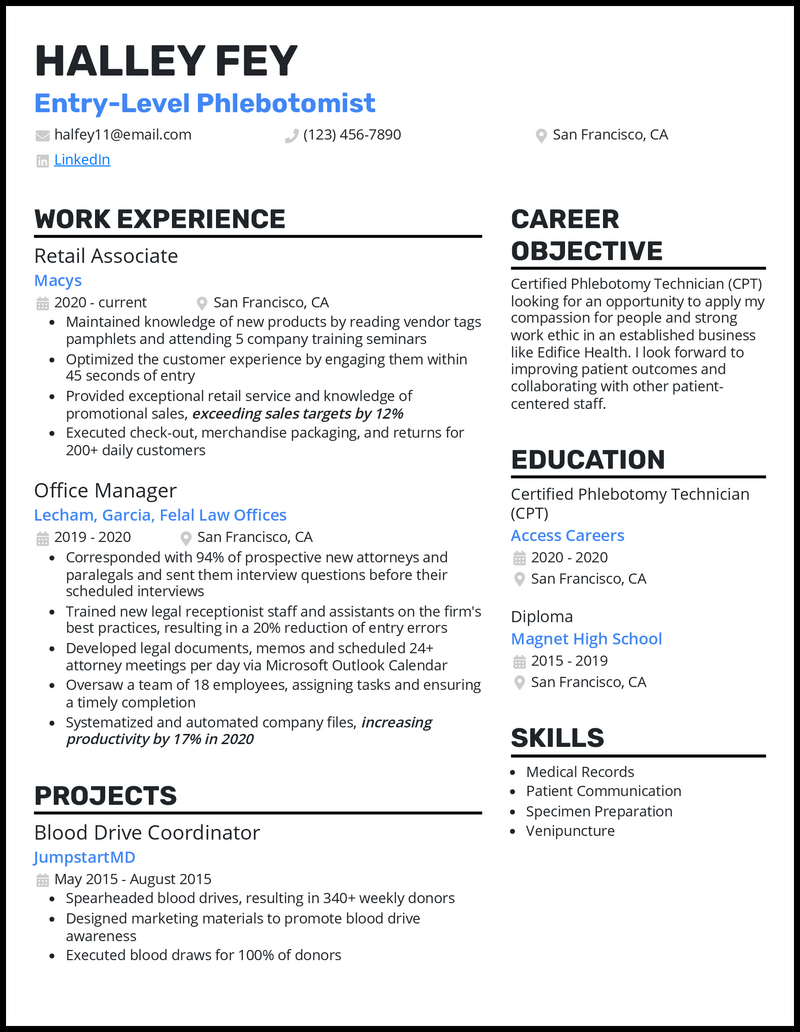 3 Entry-Level Phlebotomist Resume Examples & Templates [Edit Free]