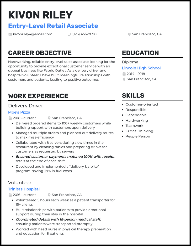 Sample Resume For Entry Level Retail Sales Associate