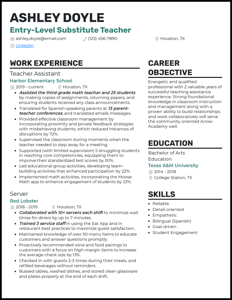 3 Entry Level Substitute Teacher Resume Samples For 2024   Entry Level Substitute Teacher Standout Resume Example 