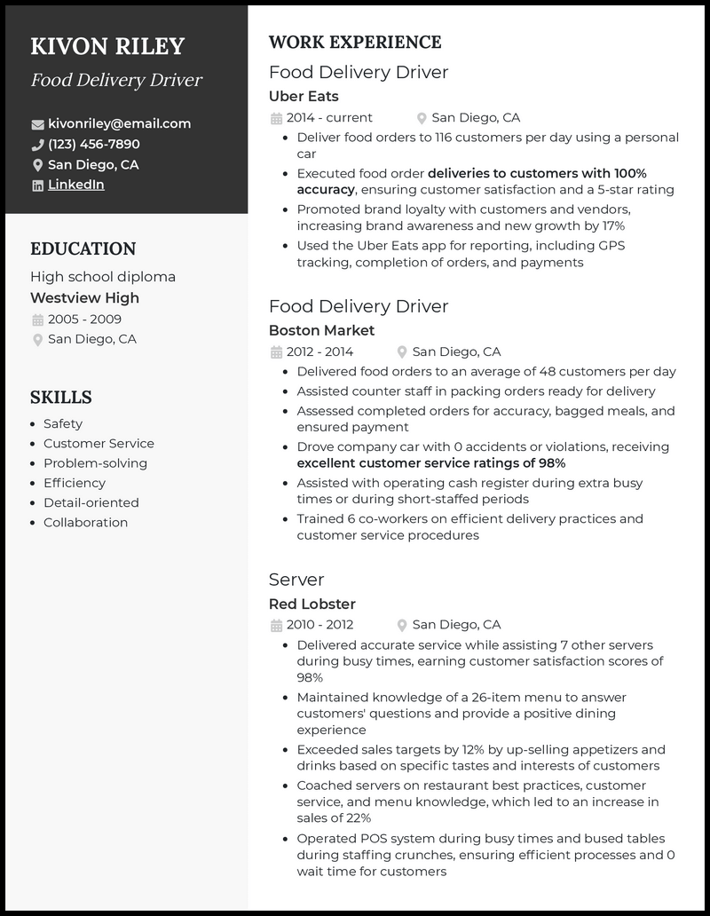 3 Food Delivery Driver Resume Examples Made for 2024
