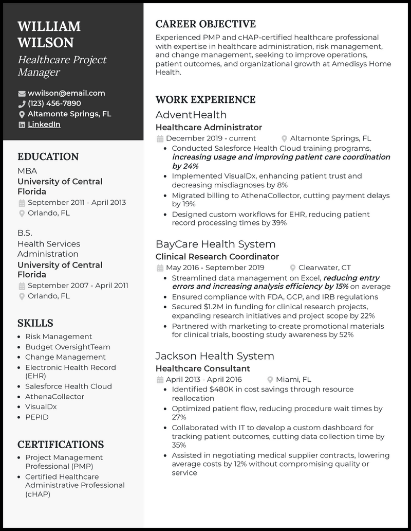 5 Healthcare Project Manager Resume Examples for 2024