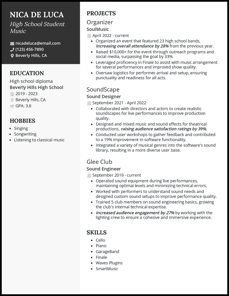 3 High School Student Music Resume Examples for 2023