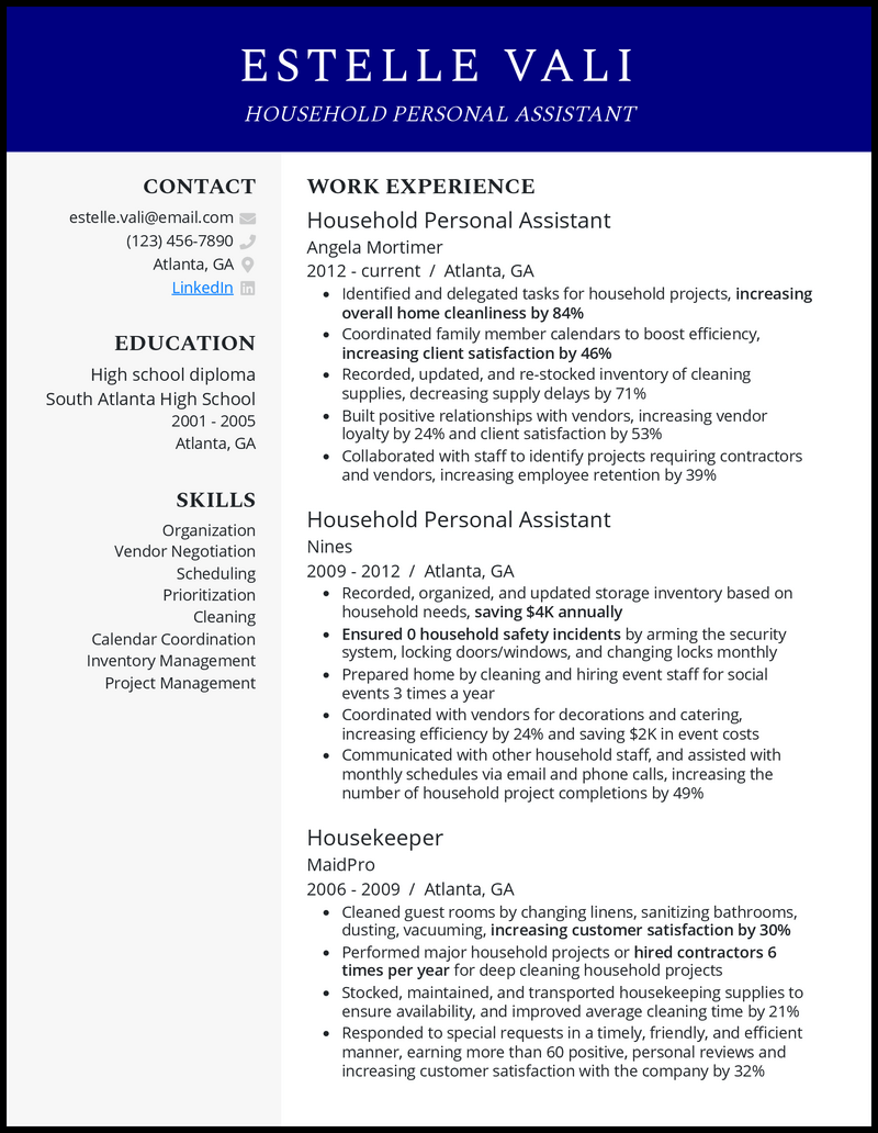 3 Household Personal Assistant Resume Examples for 2023