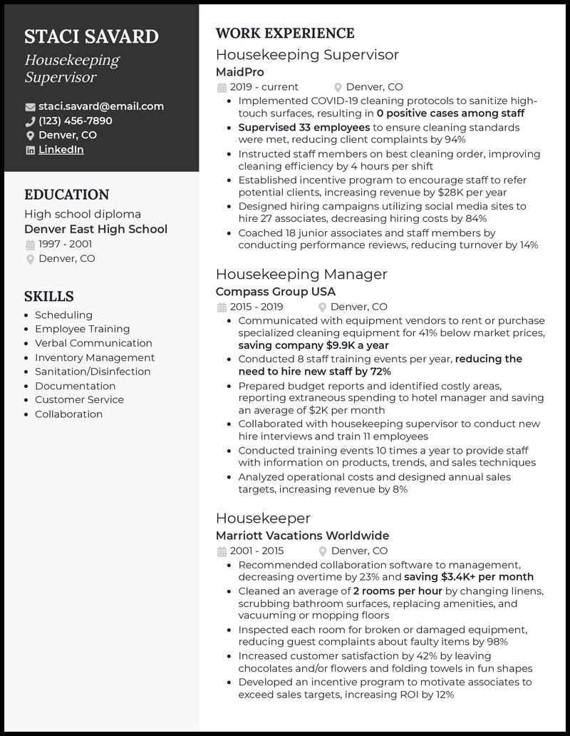 3 Housekeeping Supervisor Resume Examples for 2024