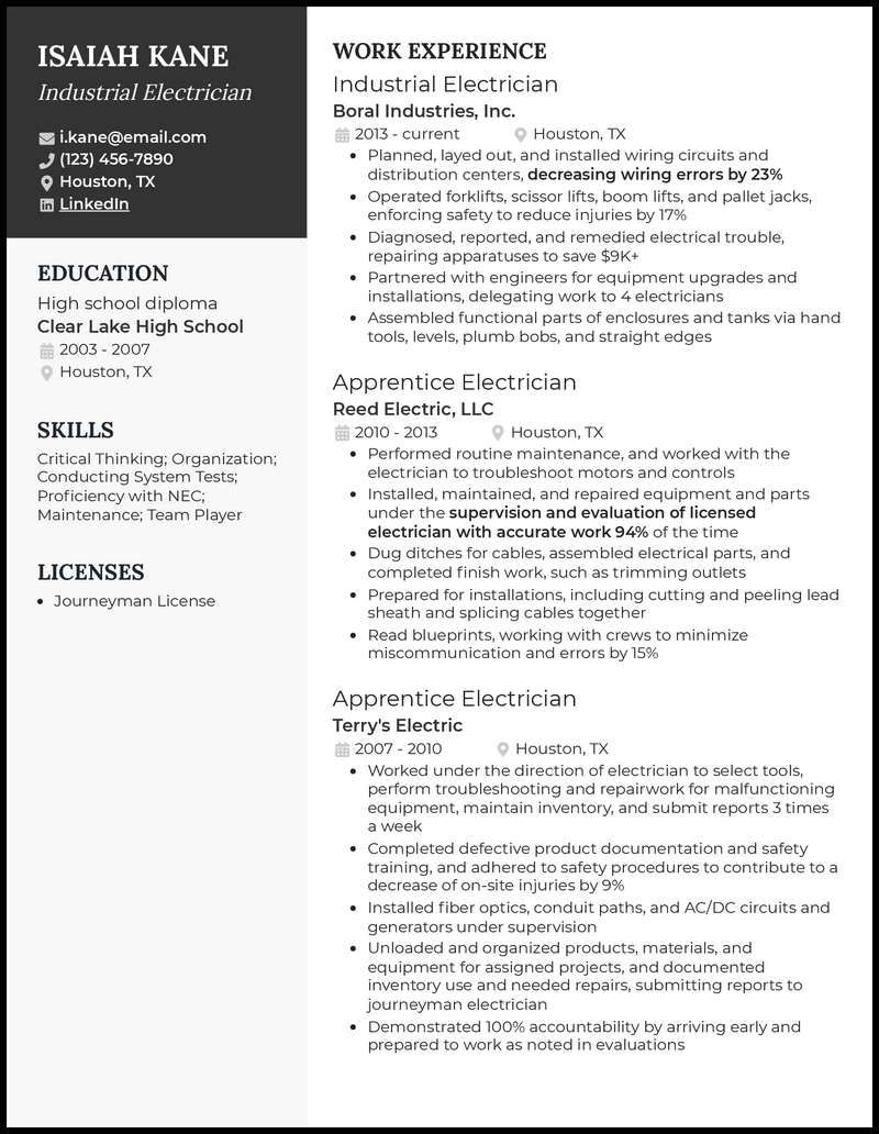 5 Industrial Electrician Resume Examples for 2024