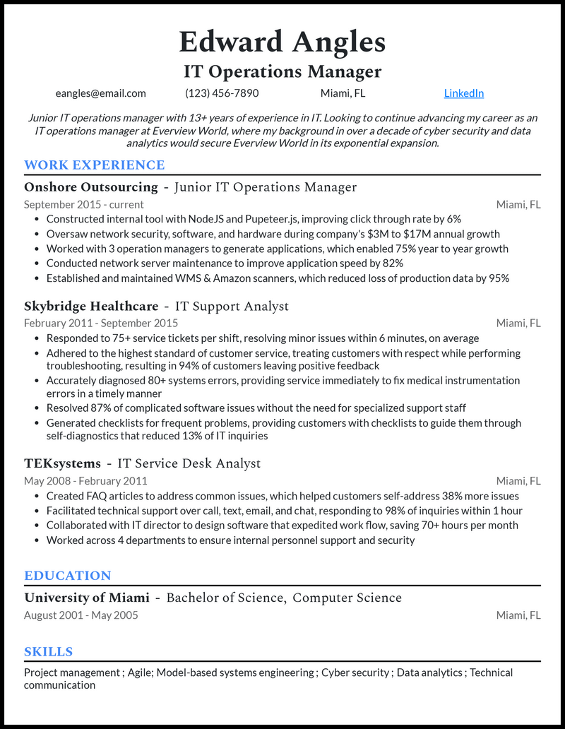 3 IT Operations Manager Resume Examples for 2023